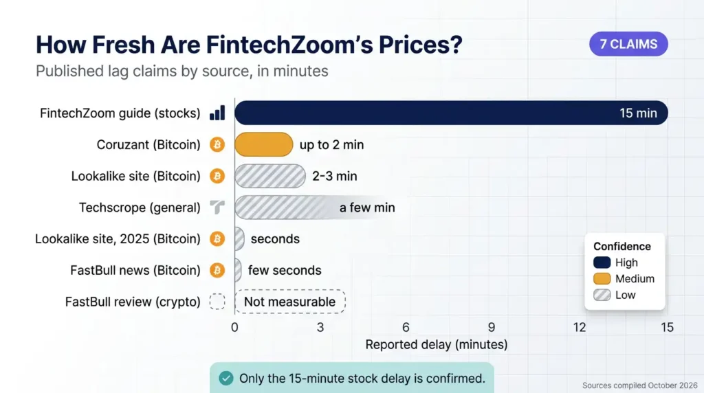 FintechZoom price lag claims compared across reviews, 15-minute stock delay and crypto estimates