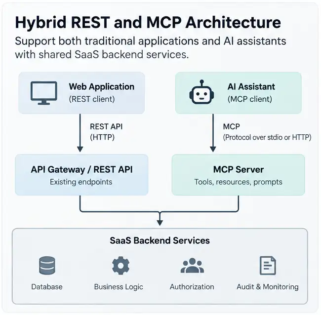Hybrid REST and MCP architecture connecting web applications and AI assistants to shared SaaS backend services.